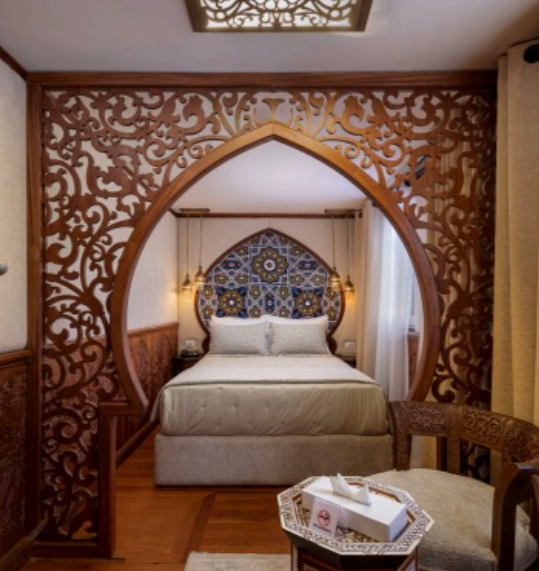 Carved arch cabin aboard the dahabiya