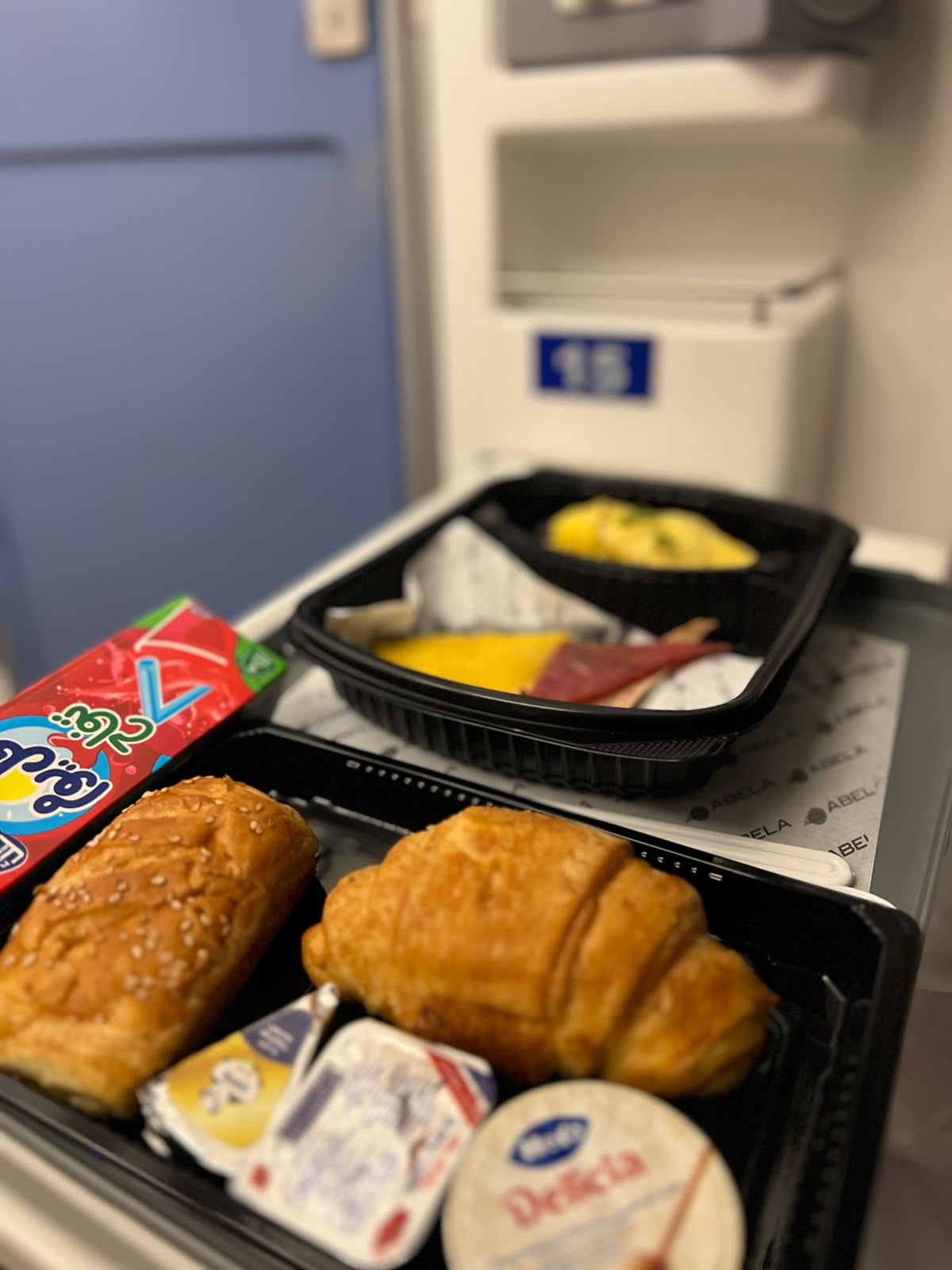 Breakfast served in the Abela sleeper train cabin
