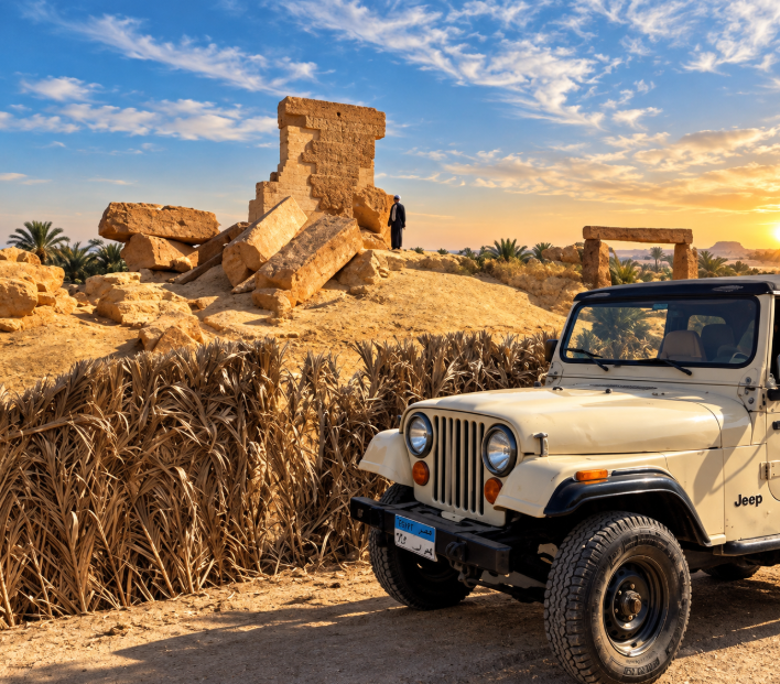 A desert jeep beside the historic ruins of Siwa Oasis at sunset