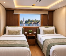 Twin beds with a Nile view in a Nile Deck cabin aboard Q-Nile